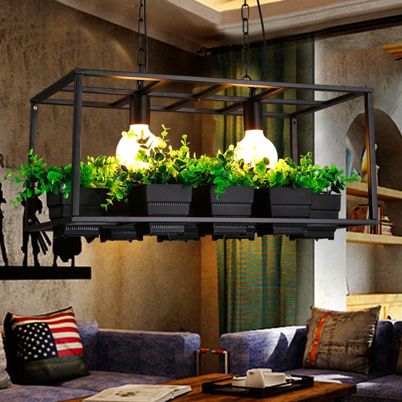 Black/White Rectangle Island Lamp Factory Metallic 2 Lights Living Room Hanging Light Fixture with Artificial Plant Deco