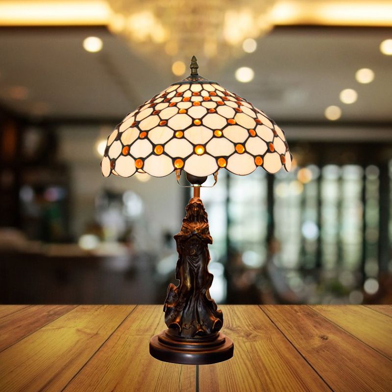 Cabochons-Embellished Grid Night Light 1-Light White/Beige Glass Tiffany Tischlampe mit Engel Dekor