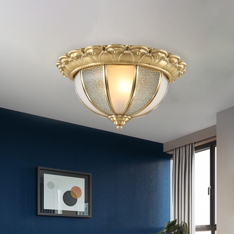 2-Bulb Domed Flush Ceiling Light Colonialism Gold White and Textured Glass Flush Mount Lamp