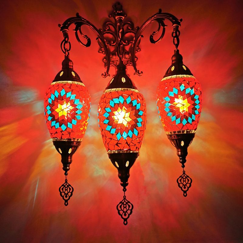 Traditional Oval Wall Mounted Lamp 3 Heads Stained Art Glass Sconce Light in White/Red/Light Blue