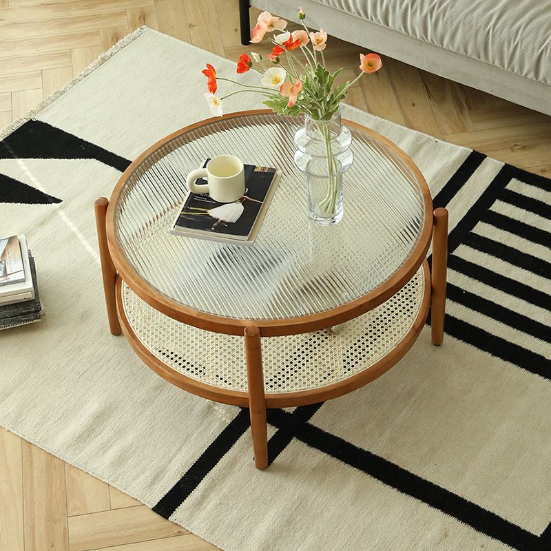 Tropical Round Cocktail Table Storage Solid Wood Coffee Cocktail Table