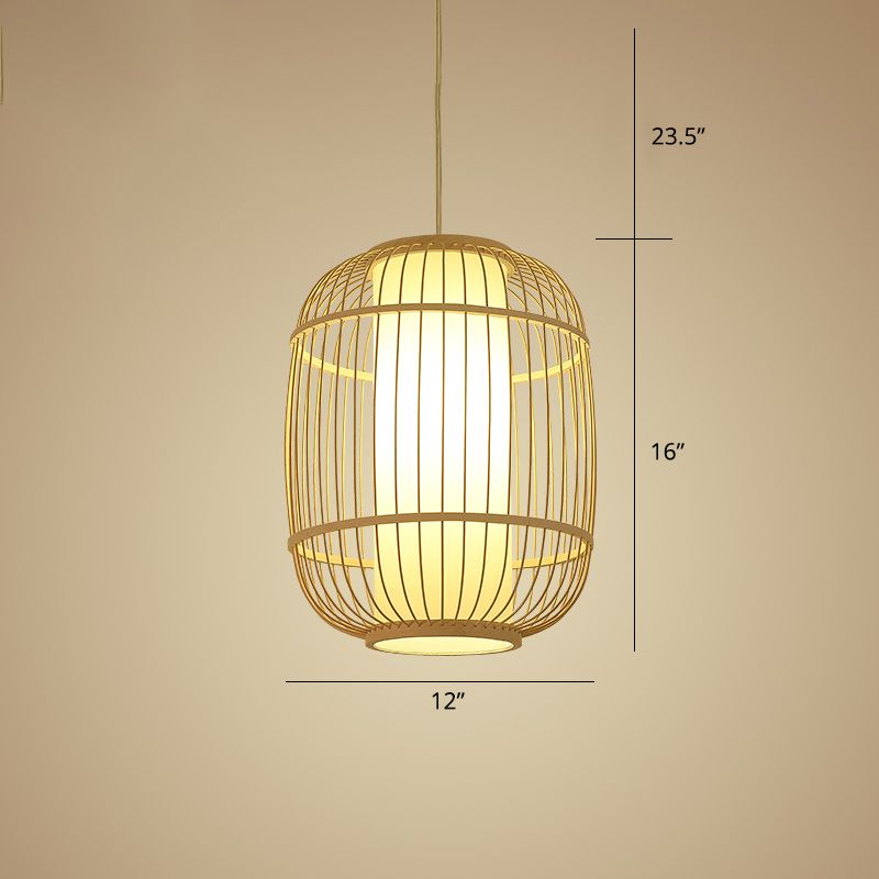 Chinese 1 Head Pendulum Light Beige Elliptical Lantern Pendant with Bamboo Shade