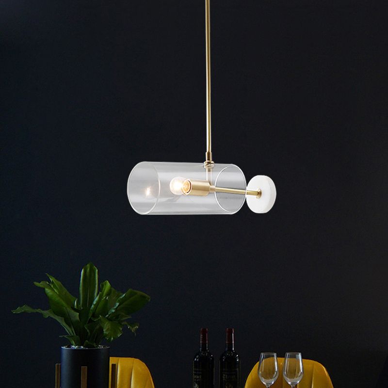 Table à manger unique Suspension Pendante minimalisme Laiton suspendu avec une teinte en verre translucide du cylindre