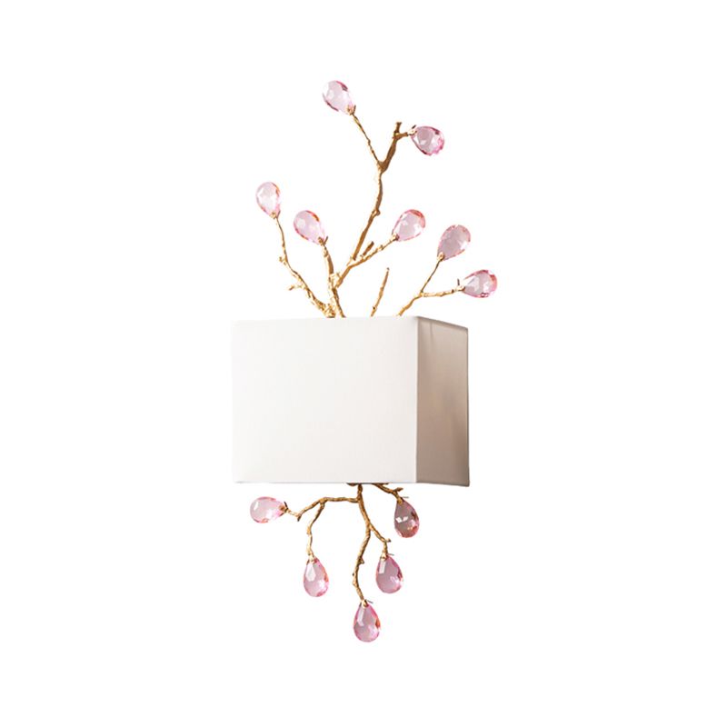 White Fabric Squared Wall Mount Lamp Modernist 2 Lights Wall Sconce with Pink Crystal Accent