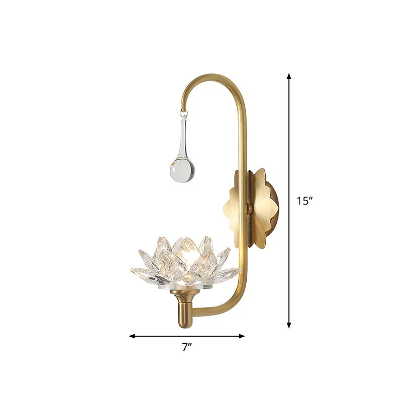 Lotus Living Room Wall Sconce Luxurious Clear Crystal 1 Head Brass Wall Lamp with Gooseneck Arm