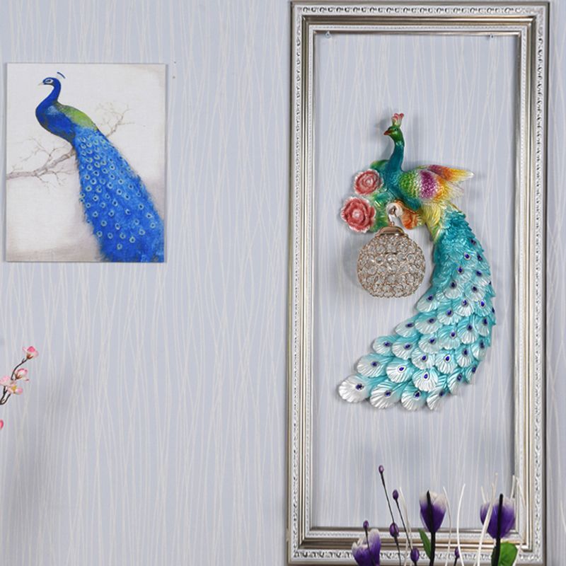 1/2-Pack Blue/Green Peacock Wall Light Fixture 8"/10" Wide 1 Head Retro Style Resin Wall Lamp with Crystal Global Shade, Left/Right