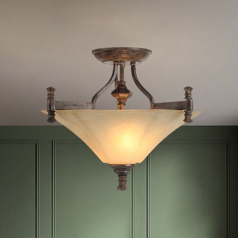 3-Bulb Flushmount Lamp Classic Triangle-Like Ribbed Glass Semi-Flush Ceiling Light in Coffee