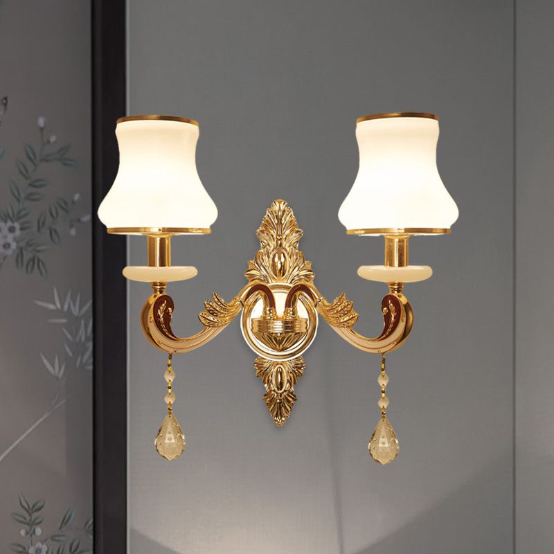 2 Heads Wall Sconce Vintage Bedroom Wall Mount Lamp with Curved Milk Glass Lampshade in Gold