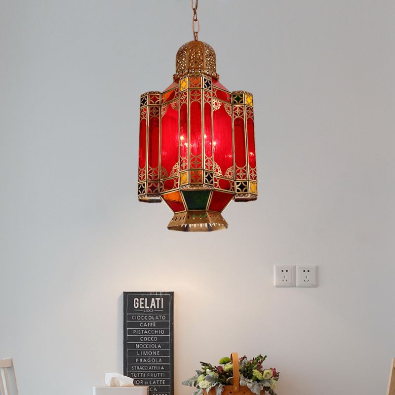 Traditionelle Laterne -Hanglampe 4 Lichter rotes Glas Kronleuchter Beleuchtung in Messing für das Restaurant