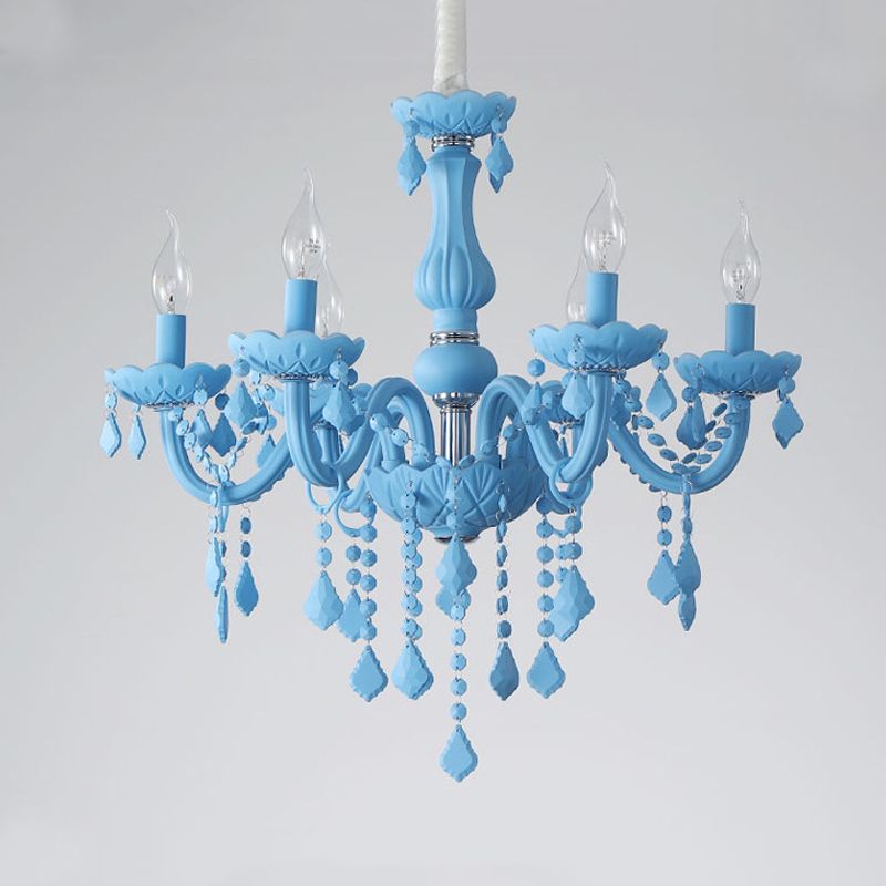 Multi Light Candle Branch Hanging Pendant Modern Style Crystal Hanging Lighting in Blue