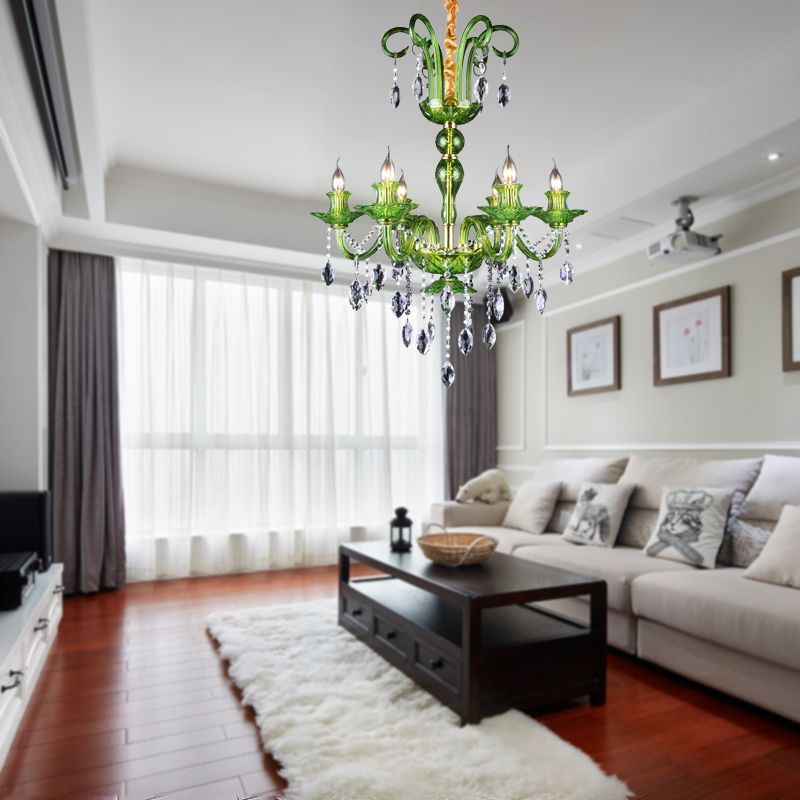 Candle Green Glass Chandelier Lamp Traditional 6 Heads Dining Room Hanging Ceiling Light with Crystal Drip Decoration
