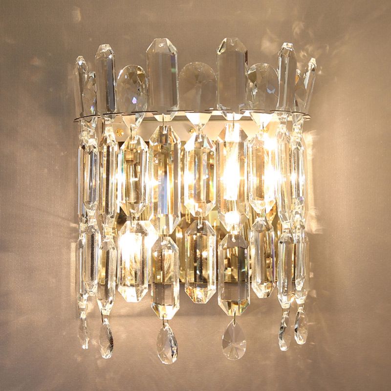 Minimalist Crown-Like Wall Light Fixture Clear Crystal Rod 2-Bulb Bedroom Wall Light Sconce