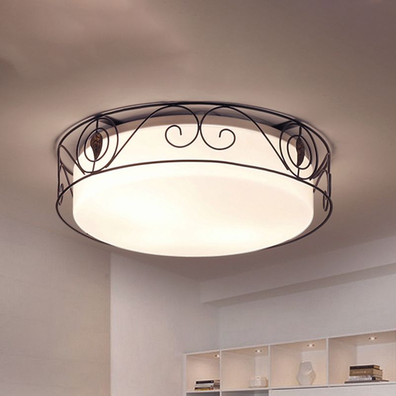 4-Heads Flushmount Lighting Antique Circular White Glass Flush Mount Light with Metal Wire Cage
