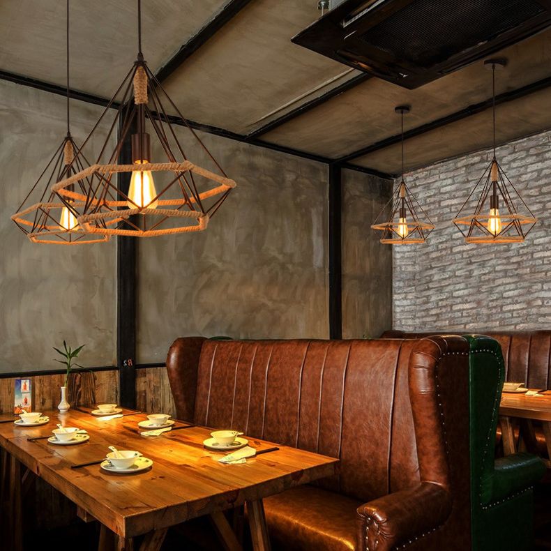 Diamond Cage Rope Ceiling Pendant Light Vintage Style Restaurant Pendant Ceiling Light in Beige
