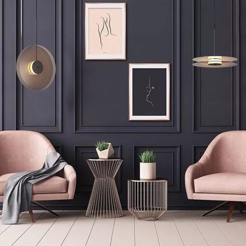 Modern Artistic LED Hanging Lamp Wrought Iron Circular Pendant Light with Glass Shade