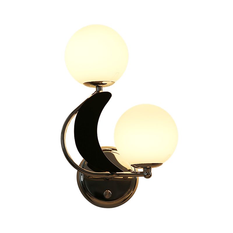 2 Heads Armed Sconce Contemporary Metal Wall Lighting Fixture in Chrome with Milk Glass Shade