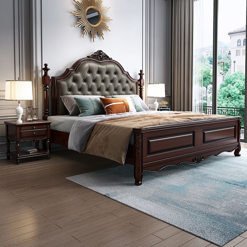 Rubberwood Traditional Panel Bed 62.59" High Brown Bed with Upholstered Headboard