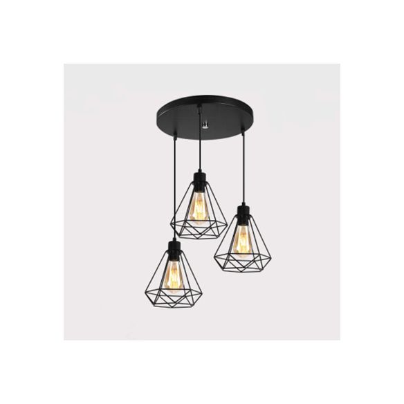 Metallic Wire Frame Hanging Lamp with Diamond Shade Retro Style 3 Heads Indoor Ceiling Light in Black