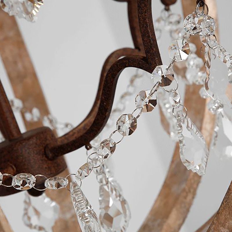 French Retro Chandelier Wood Crystal Pendant Light Fixture for Bedroom Living Room