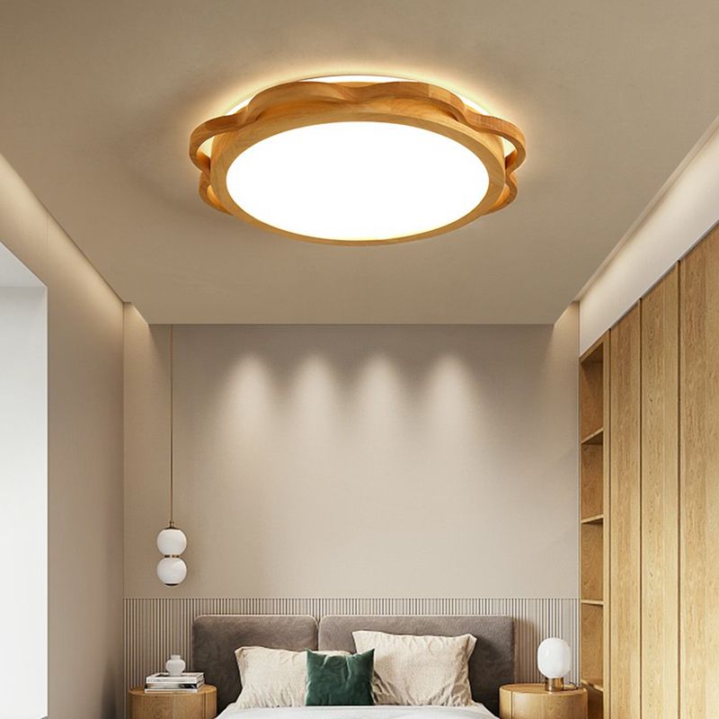 Wood Modern Ceiling Light LED Geometric Shape Flush Mount with Acrylic Shade for Bedroom