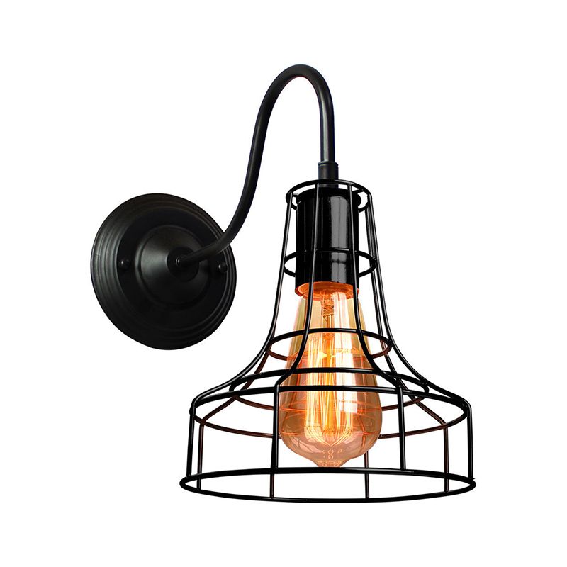 Metal Barn Wall Light Sconce Industrial Style 1 Bulb Black Wall Mounted Lamp with Wire Frame and Gooseneck Arm