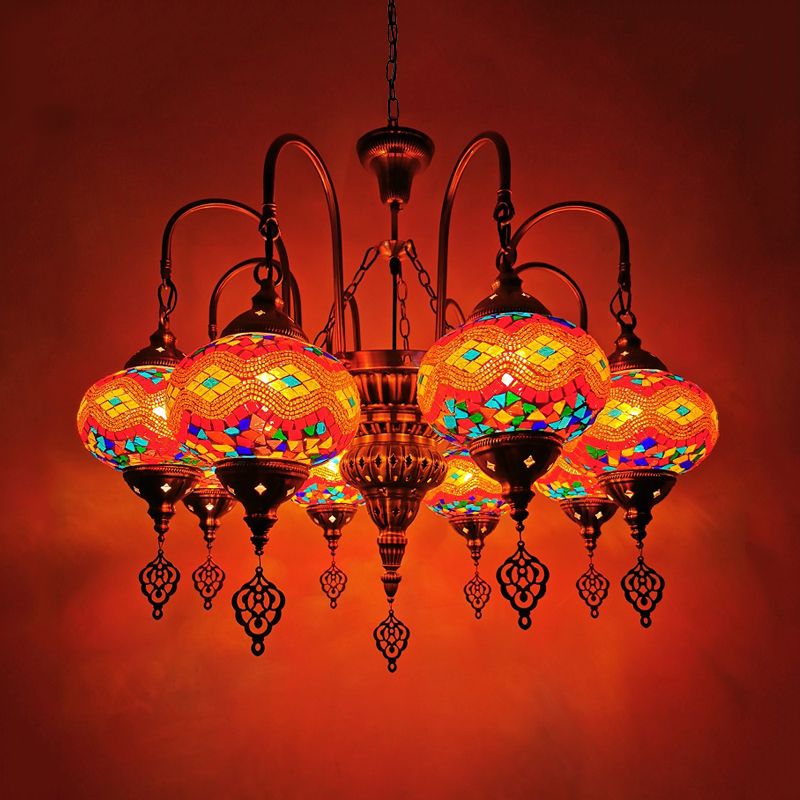 Oval Stained Glass Chandelier Light Fixture Traditional 9 Heads Dining Room Hanging Lamp Kit in Orange/Green