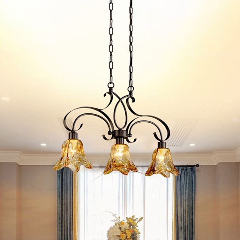 Amber Glass Black Island Lamp Floral 3 Heads Traditionalism Down Lighting Pendant for Dining Room