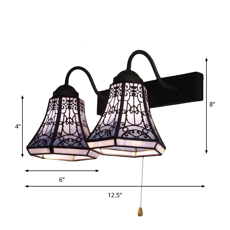 Blue Flared Wall Light Fixture Tiffany 2 Heads Stained Glass Sconce Lighting with Pull Chain Switch