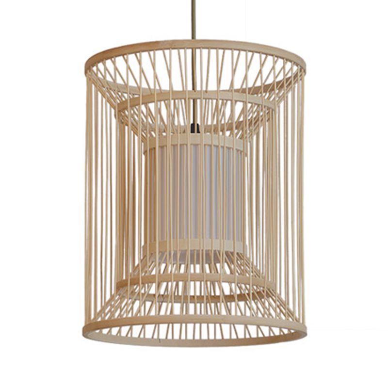 14"/16" Wide Cylinder Pendant Lamp Asian Style Bamboo 1-Light Beige Hanging Light Fixture for Dining Room