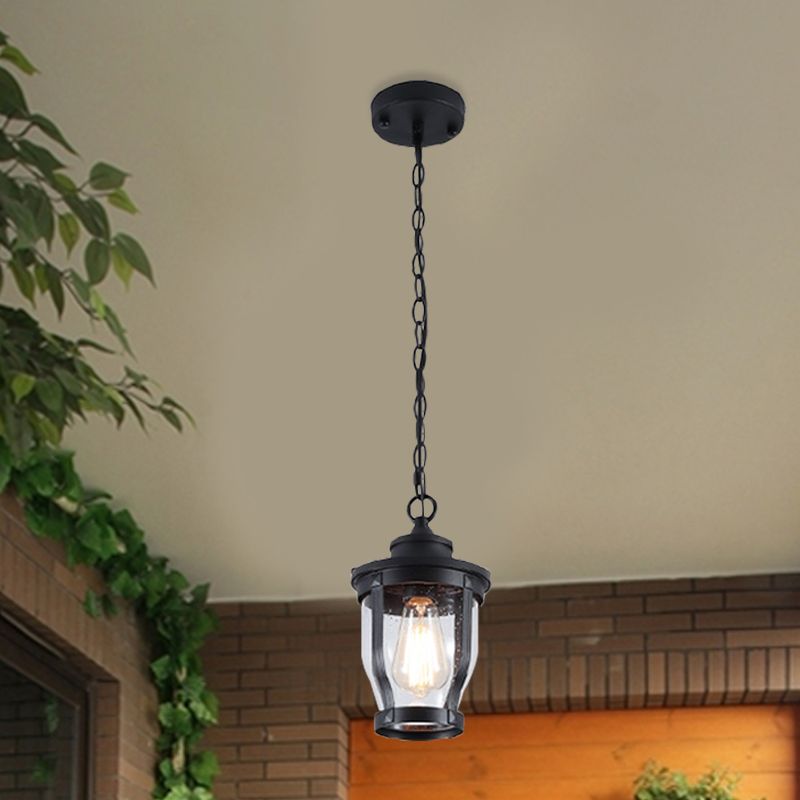 1 Bulb Lantern Shape Pendant Light Kit Rustic Textured Black Finish Clear Glass Ceiling Lamp for Balcony