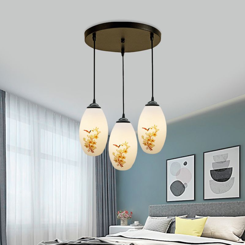 3 Bulbs Multiple Hanging Light Modern Oblong Frosted White Glass Linear/Round Canopy Pendulum Lamp with Flower Pattern