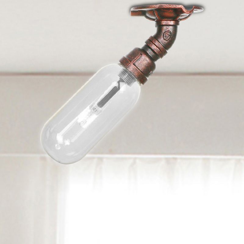 1 Light Ceiling Light Fixture Oval Shade Clear Glass Industrial Bathroom Semi Flush in Weathered Copper with Pipe Design