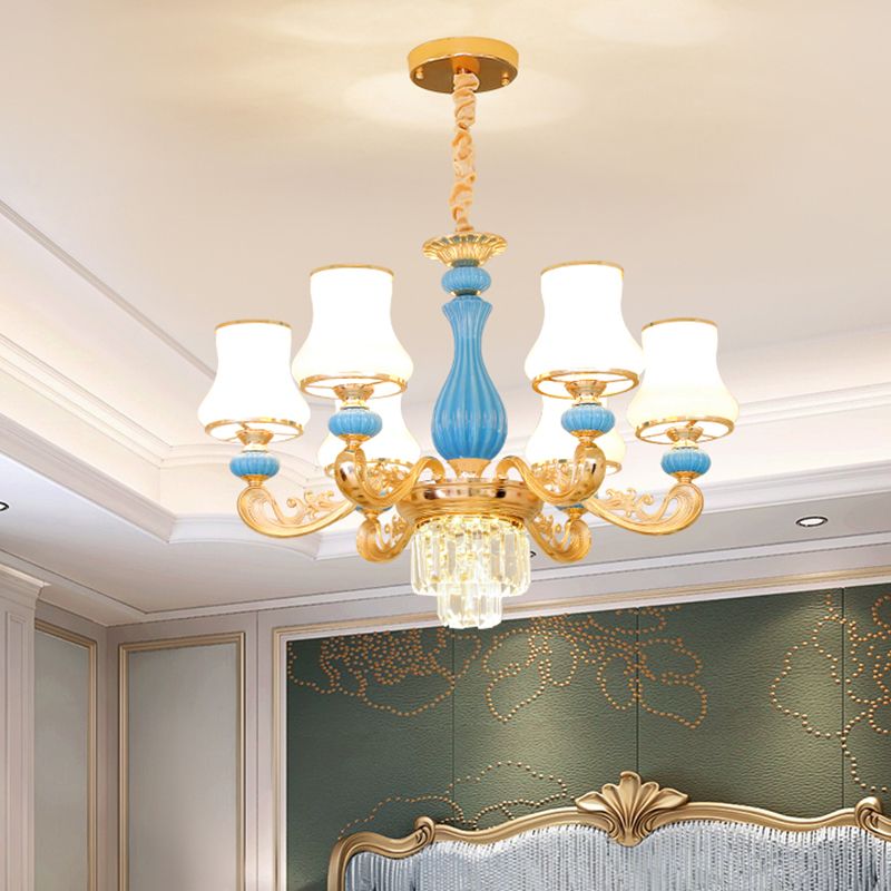 Bud Shade Bedroom Chandelier Lighting Classic Cream Glass Blue Pendant Light with Tiered Crystal Accent