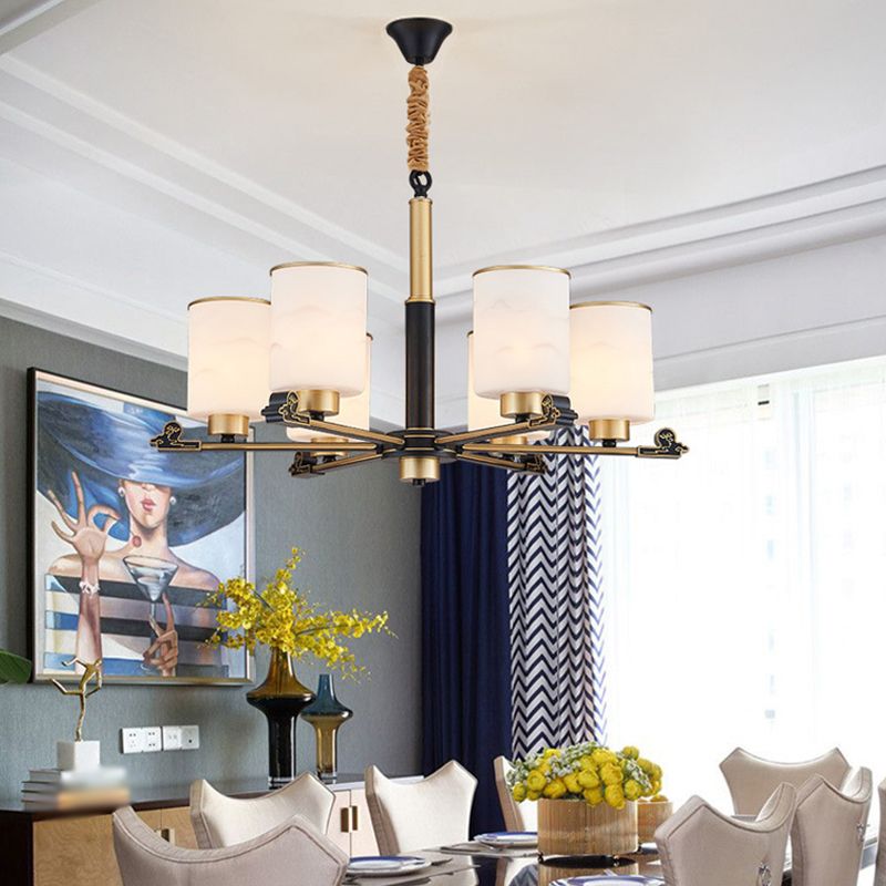 Contemporary Indoor Hanging Light Metal Cylindrical Chandelier with Glass Shade