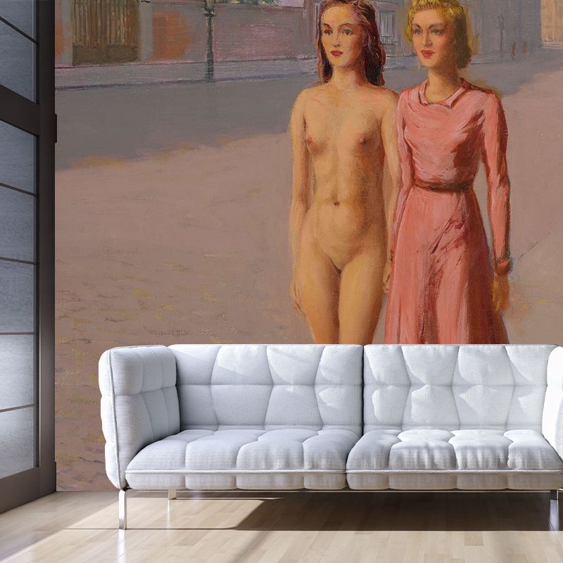 Custom Illustration Surreal Wall Murals with Two Girls Walking Along A Street Painting, Pink-Yellow