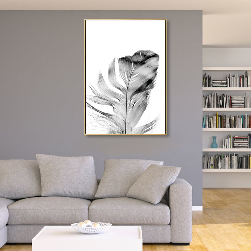 Minimalist Photo Feather Canvas Art Grey Still Life Wall Decor for House Interior