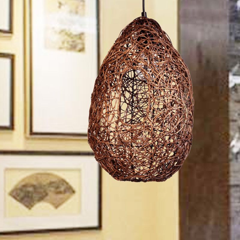 Rattan Hand-Worked Pendant Lighting Japanese 1 Bulb Ceiling Suspension Lamp in Brown