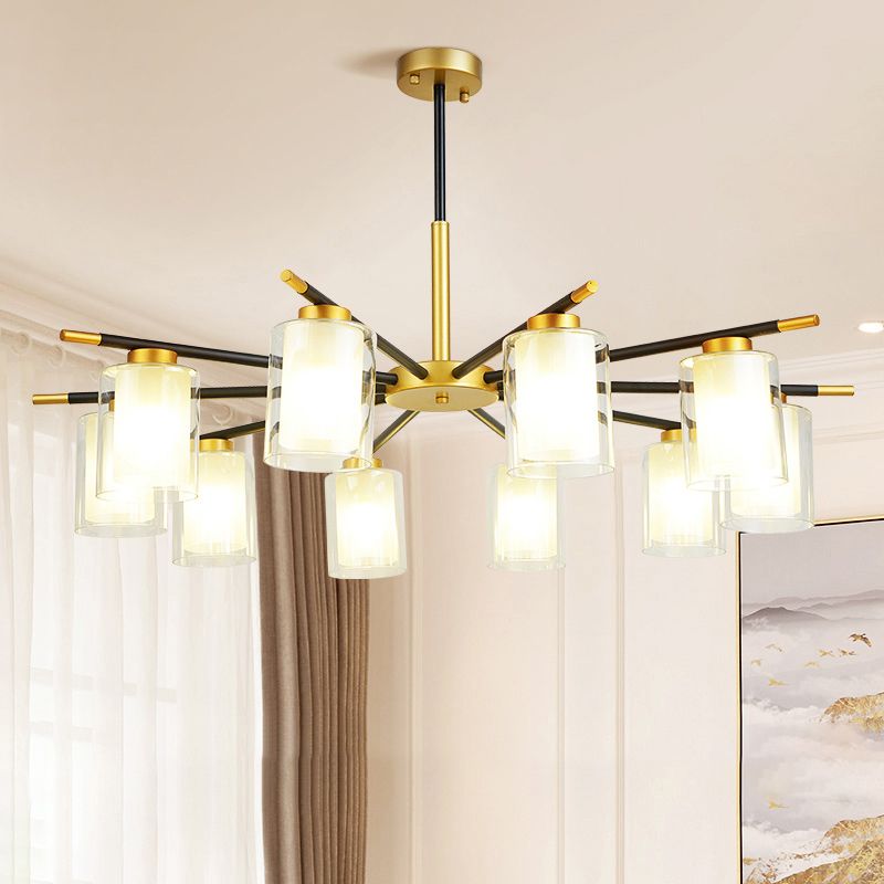 Clear and Frosted Cylinder Suspension Lamp Minimalist Dining Room Chandelier in Black-Brass