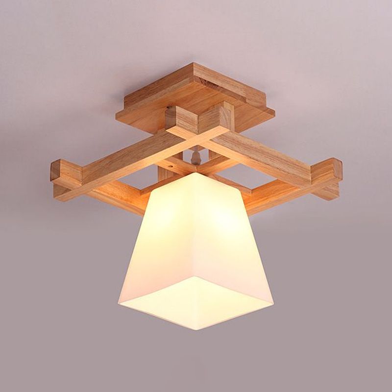 Wood Trapezoidal Ceiling Light Nordic Single-Bulb White Glass Semi Flush Mount for Foyer