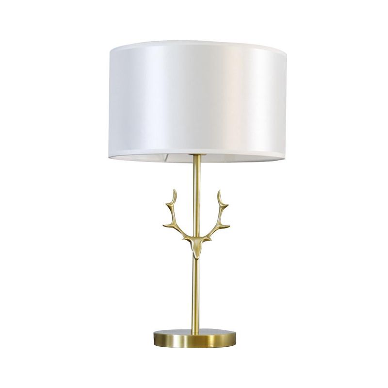 Cilindrische stoffen bureaulamp modernistisch 1-lamps witte nachttafellamp met gouden metalen elanden