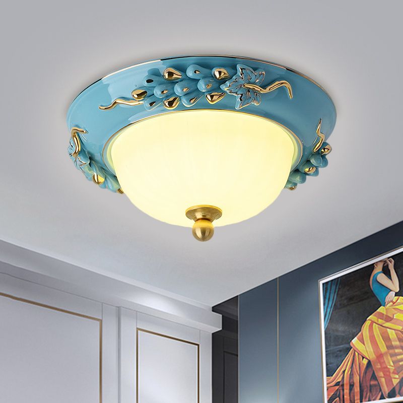Blue 12"/14" W LED Ceiling Flush Antiqued Opal Glass Semicircle Flush Mount Lighting with Floral Design, Warm/White Light