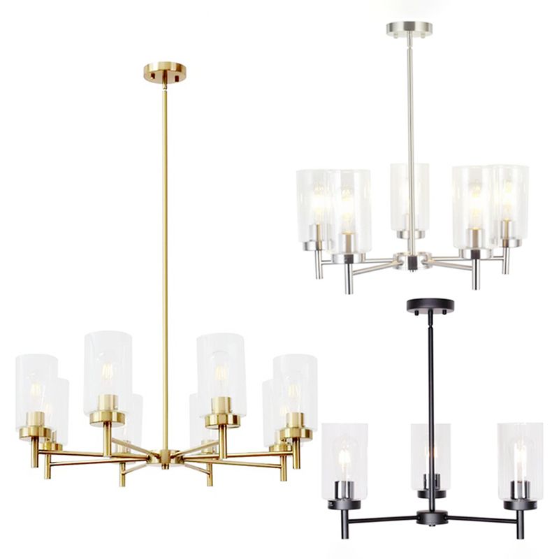 Transparent Glass Cylindrical Shade Chandelier Light Industrial Style Multi Light Ceiling Lighting Fixture for Living Room