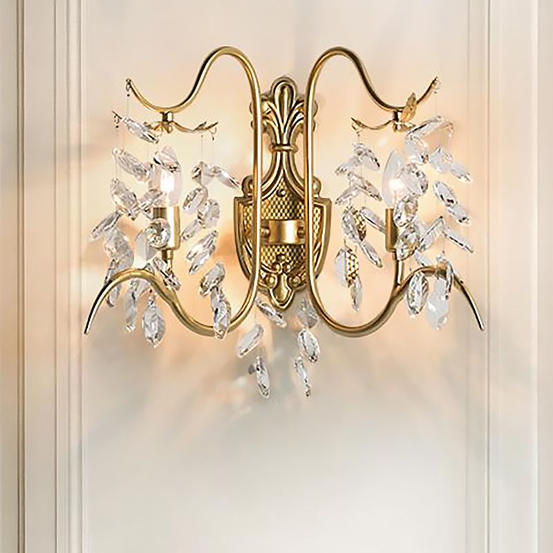 Courbe Light Mur Mural Contemporain Metal 2 Light Lrass Sconce Light avec un brin de cristal transparent