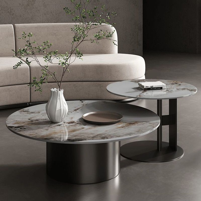 Modern Round Slate Cocktail Table Stainless Steel Pedestal Coffee Table