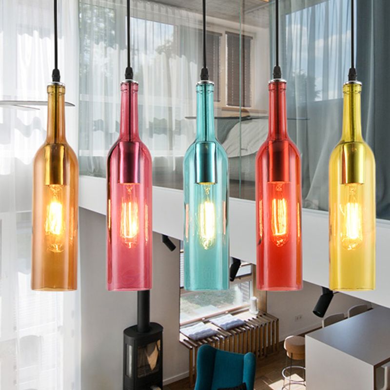5 Heads Linear Pendant Light Fixture Vintage Style Black Finish Glass Suspension Light with Bottle Shade