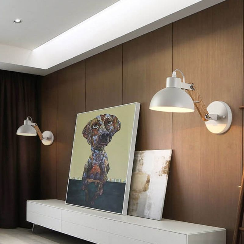 Industriewandlampe mit Holzschwung Arm Dome Metall Schatten Wandhalterung Licht für Schlafzimmer Bett