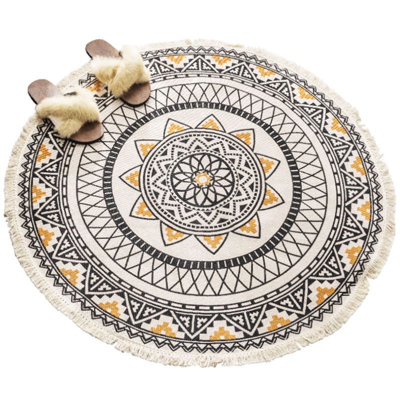 Multi Colored Tribal Patterned Rug Cotton Blend Ethnic Area Rug Easy Care Hand Woven Carpet with Tassel for Bedroom