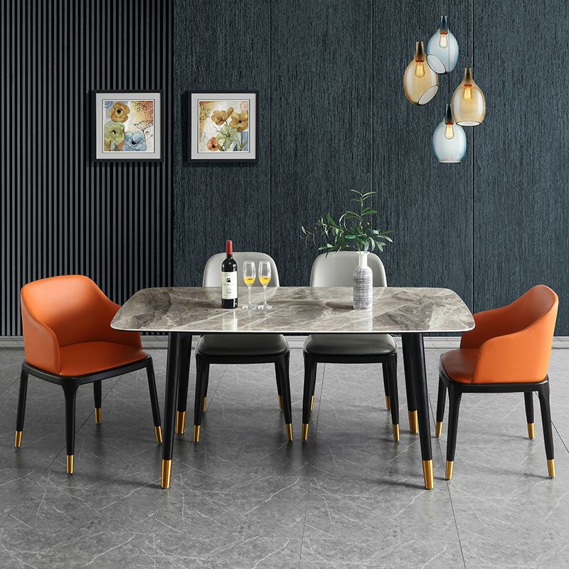 Mid-Century Modern Rectangle Dining Table Stone Top and Solid Wood Legs Dining Table