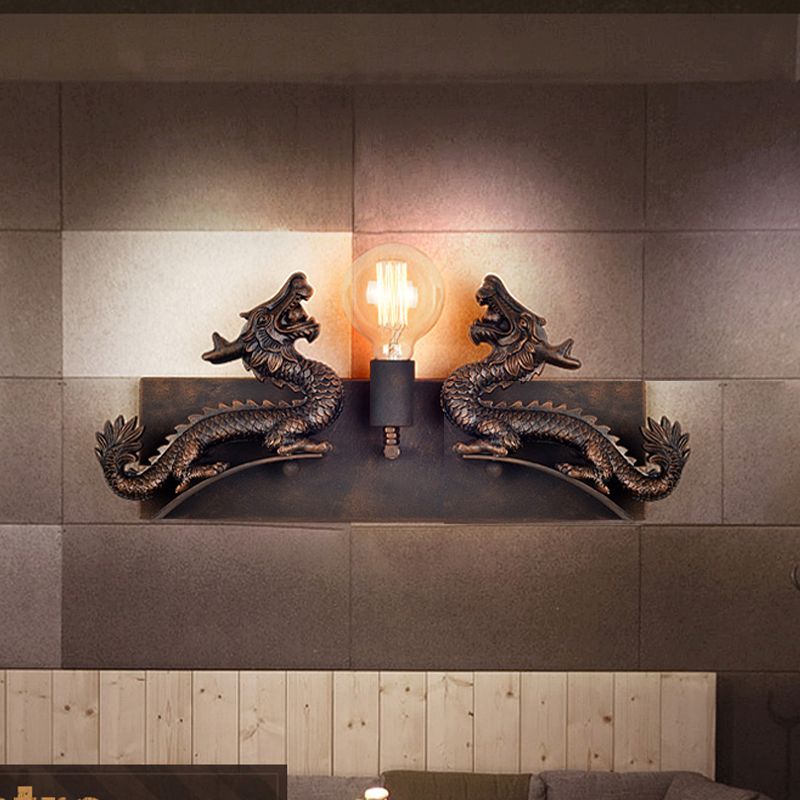Dragon Wall Mount Light with Bare Bulb Design Rustic Industrial Wrought Iron Wall Sconce