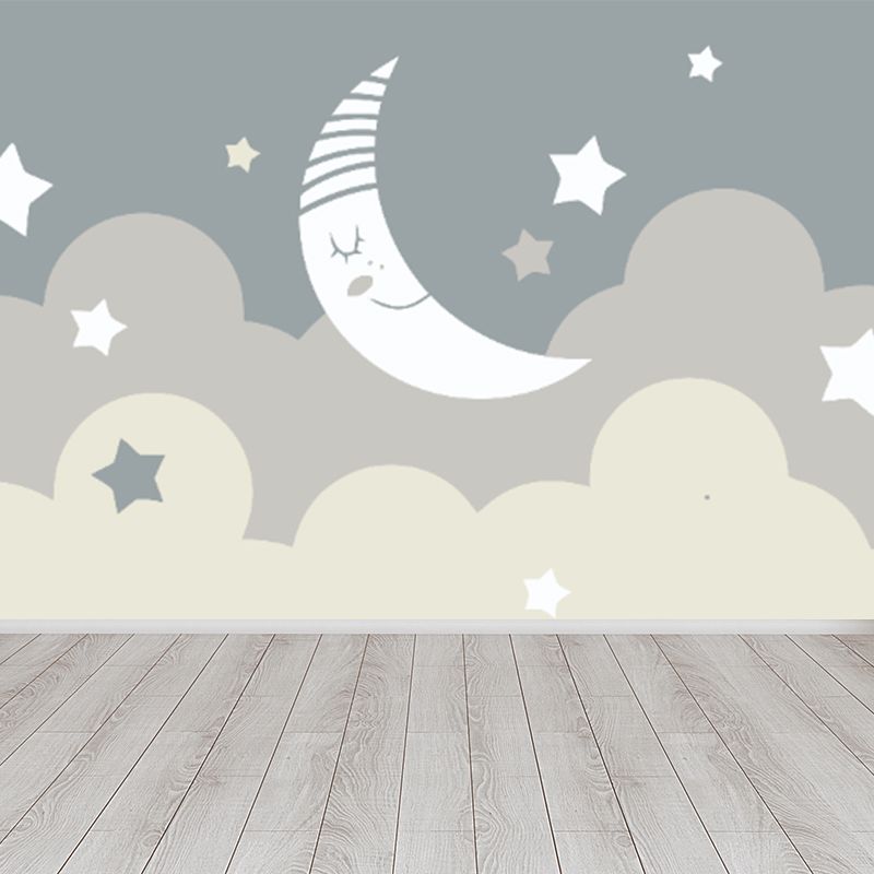 Beige Cartoon Wallpaper Mural Large Crescent and Starry Sky Wall Covering for Room
